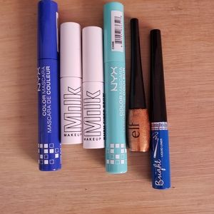 NYX colorful mascara, elf eyeliner, milk makeup blue liquid liner 💙